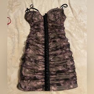 Flower corset/ mesh mini dress, dark purple/ pink